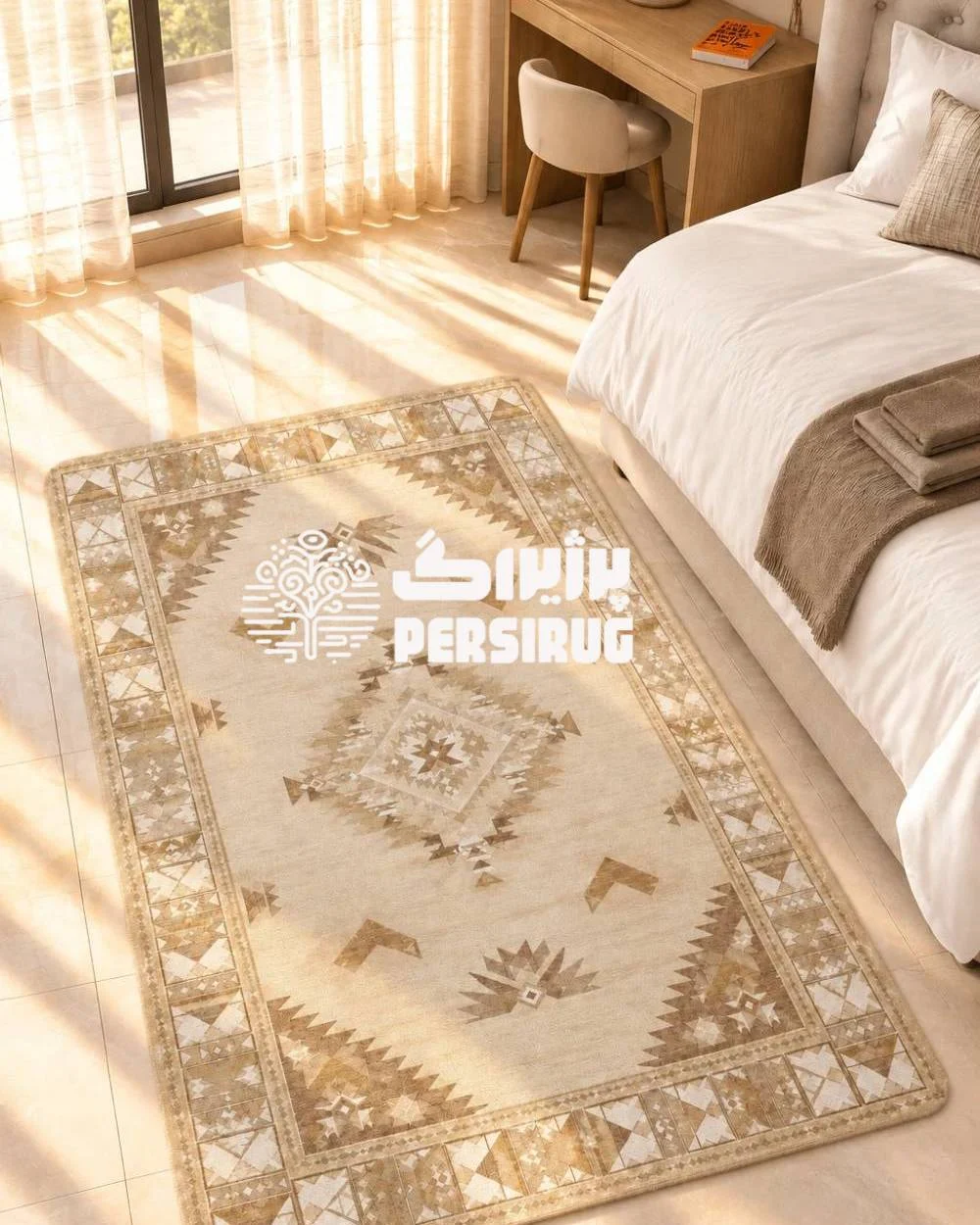 فرشینه زیره چرم طرح آوینا با زمینه کرم و بژ کنار پنجره در نور طبیعی