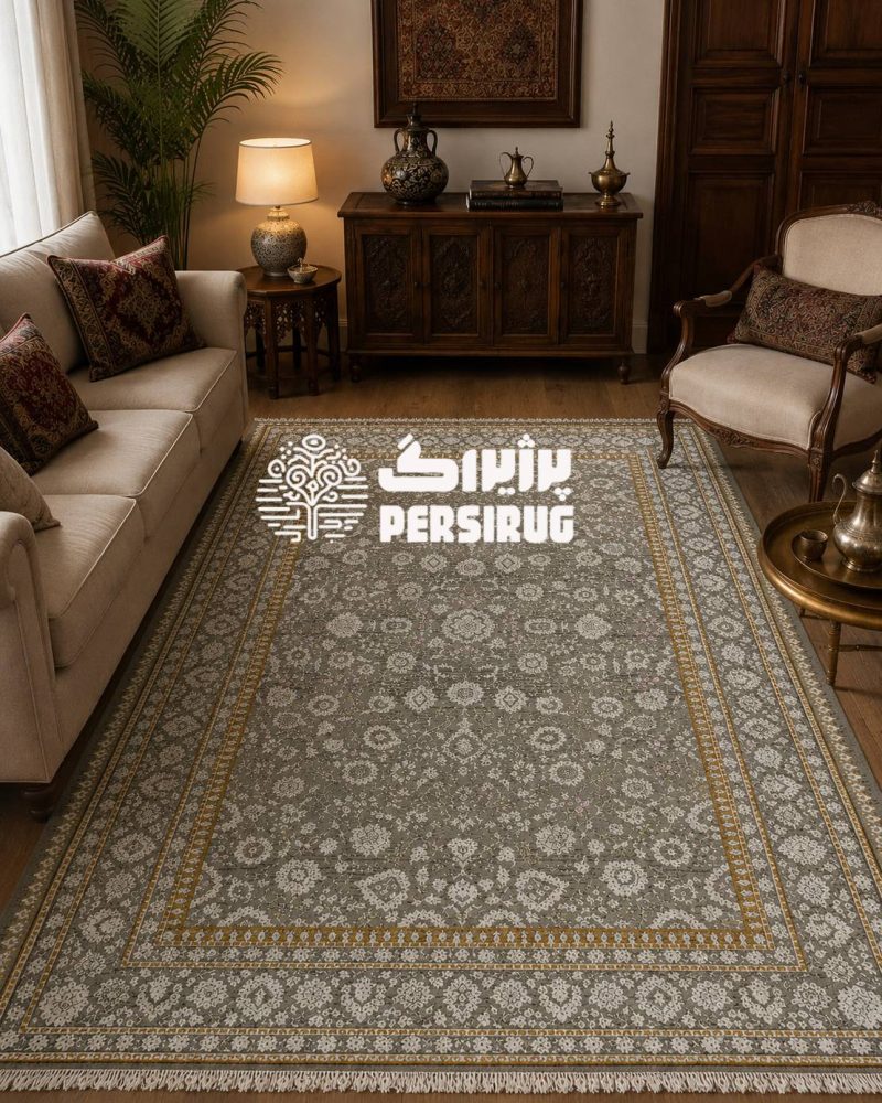 فرش نقرهنگار؛ طرحی شیک با زمینه طوسی و طرح سنتی، مناسب دکوراسیونهای مدرن و کلاسیک.