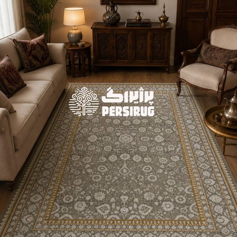 فرش نقرهنگار؛ طرحی شیک با زمینه طوسی و طرح سنتی، مناسب دکوراسیونهای مدرن و کلاسیک.
