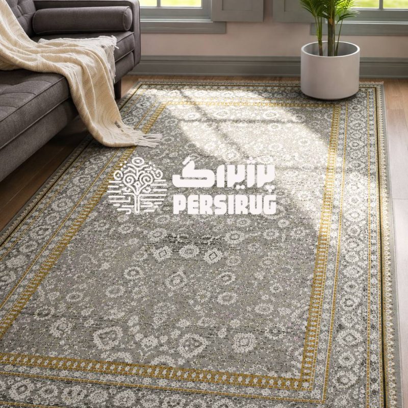 فرشینه نقرهنگار؛ طرحی شیک با زمینه طوسی و طرح سنتی، مناسب دکوراسیونهای مدرن و کلاسیک.