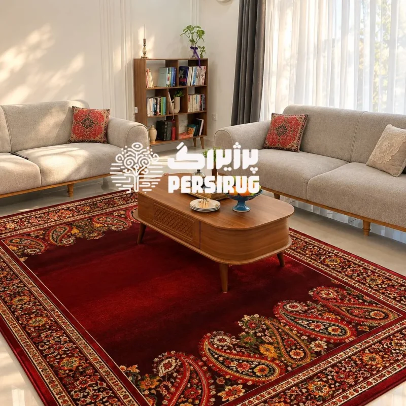 فرش ماشینی زرین سرخ با زمینه قرمز و طرح سنتی گل و بوته