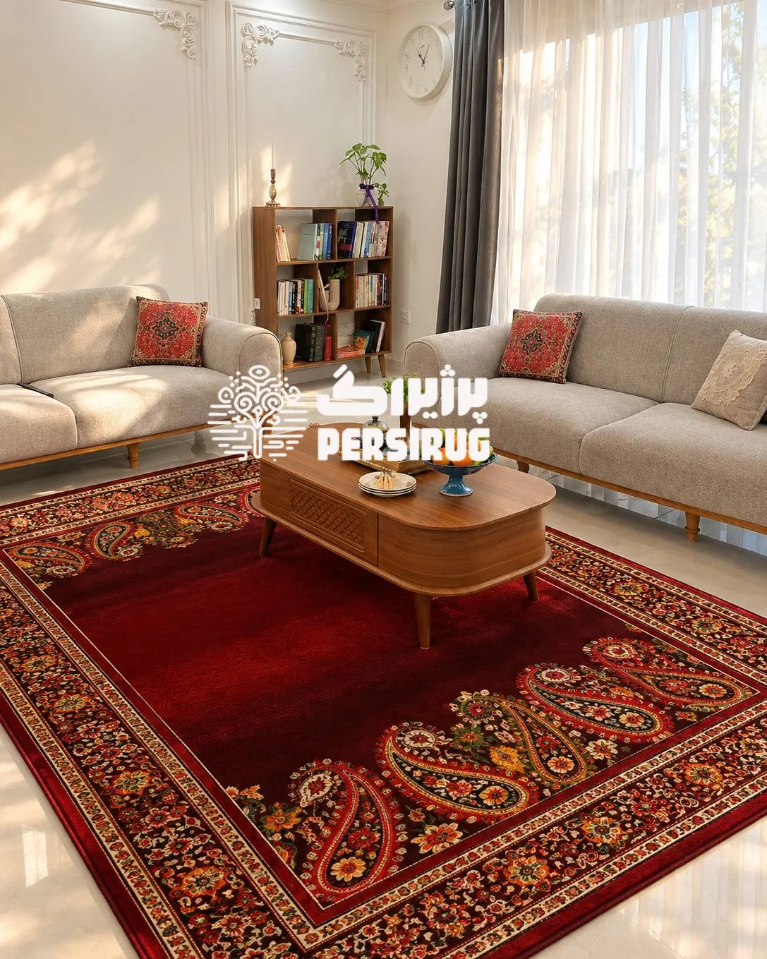 فرش ماشینی زرین سرخ با زمینه قرمز و طرح سنتی گل و بوته