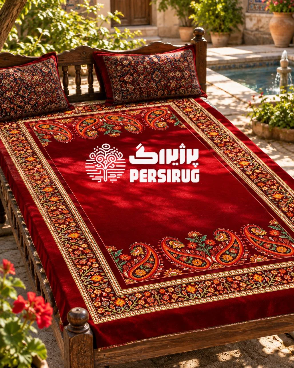 رومیزی ، سفره و روفرشی زرین سرخ با زمینه قرمز و طرح سنتی گل و بوته