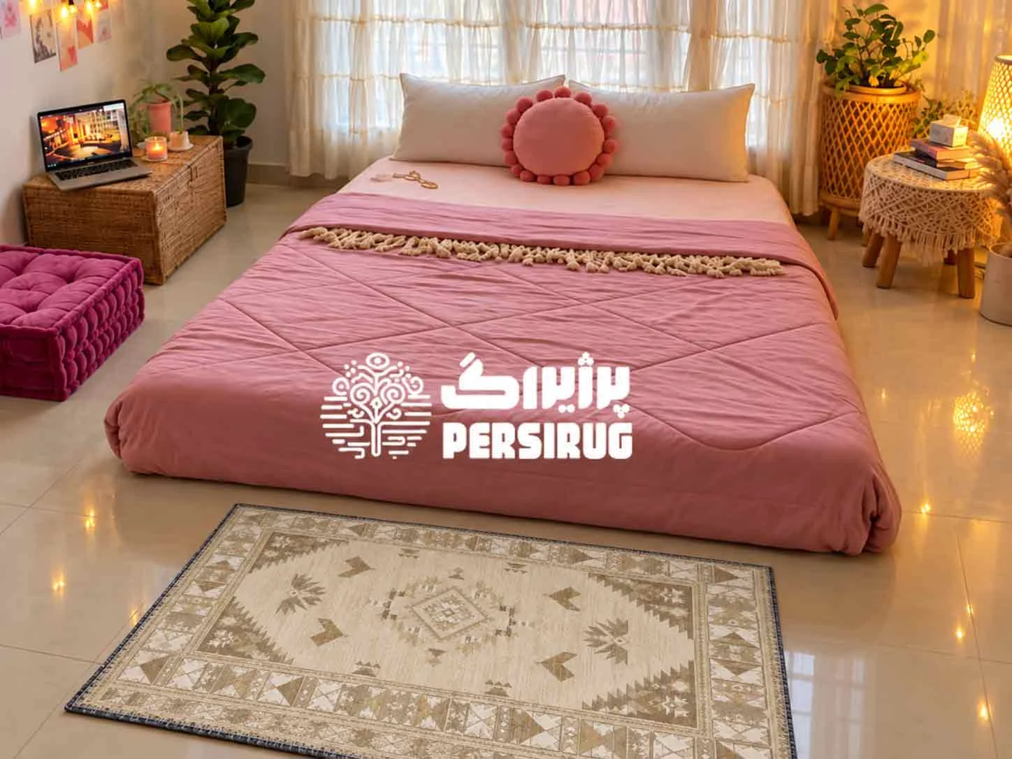 فرشینه طرح آوینا ۲۸۲۹ با زمینه کرم و بژ کنار پنجره در نور طبیعی