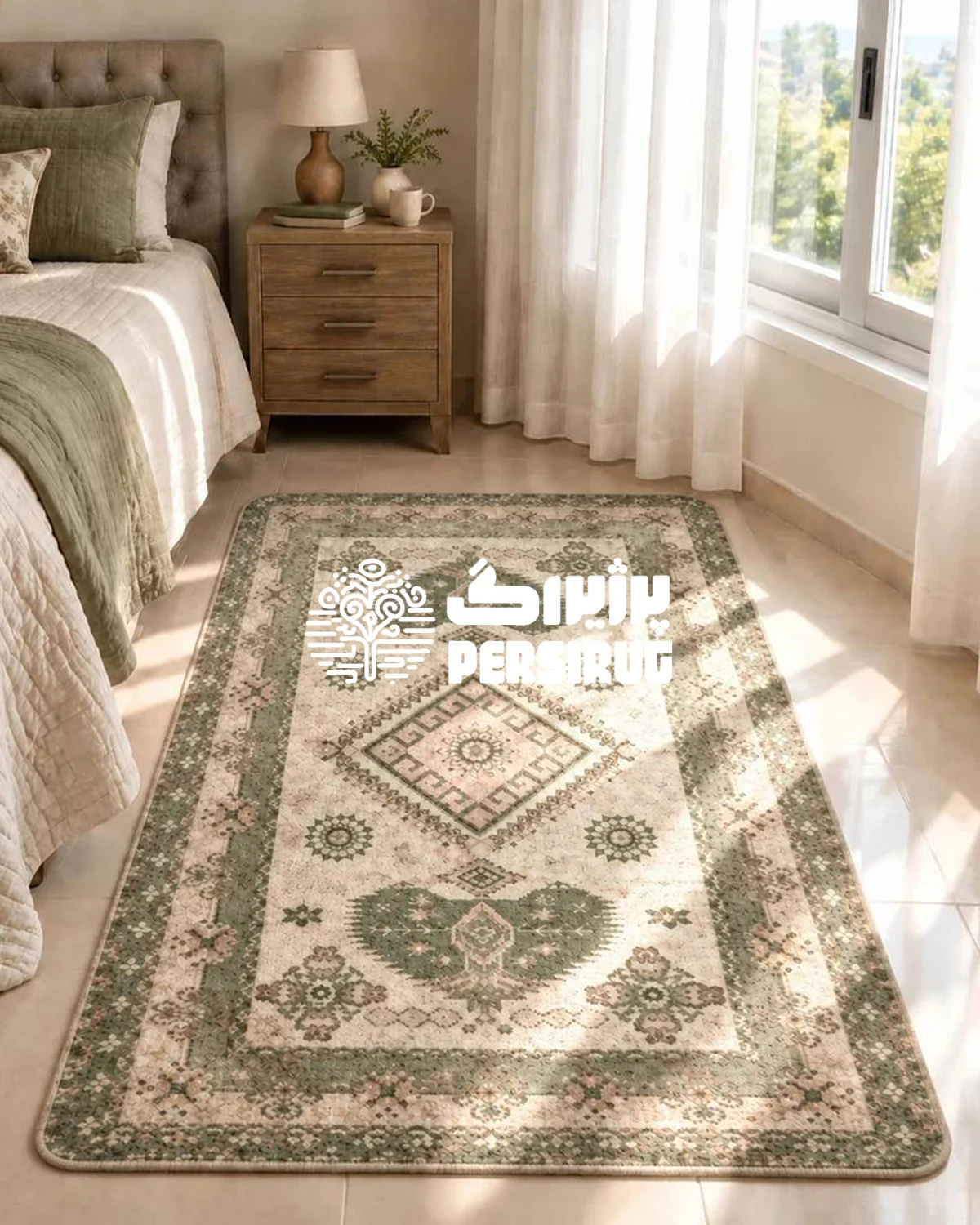 فرشینه زیره چرم طرح کتیبه با لچک ترنج هندسی و حاشیه قالی