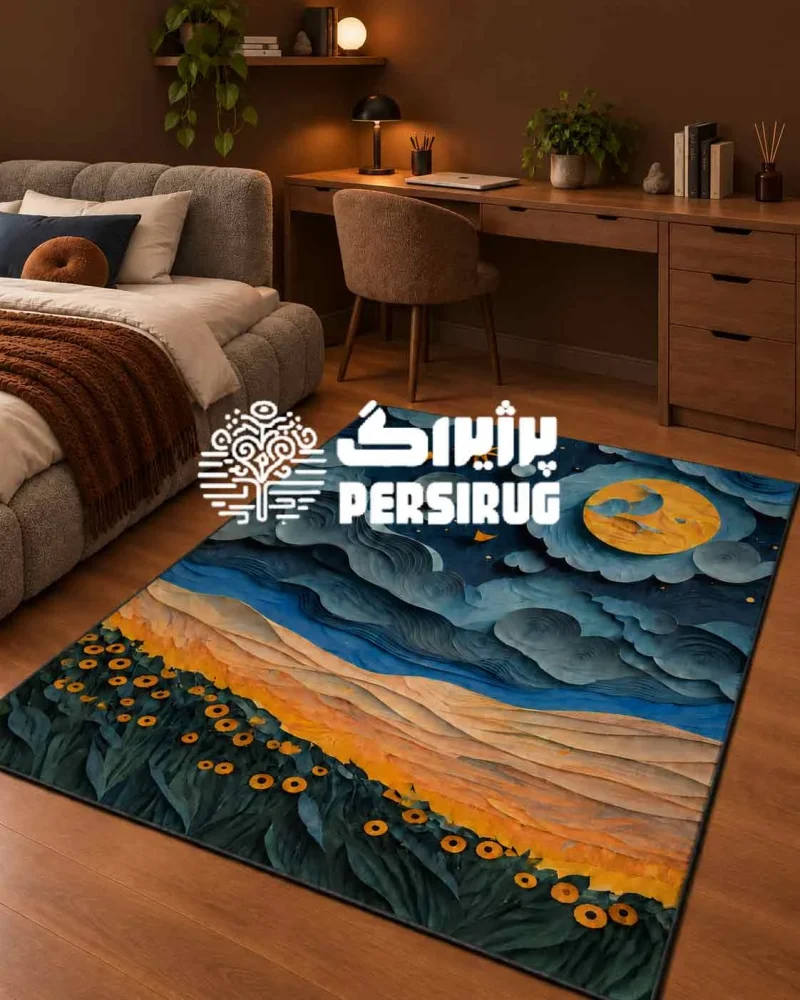 فرش سهبعدی شب طلایی با طرح ماه، آسمان شب و گلهای زرد در اتاق خواب مدرن