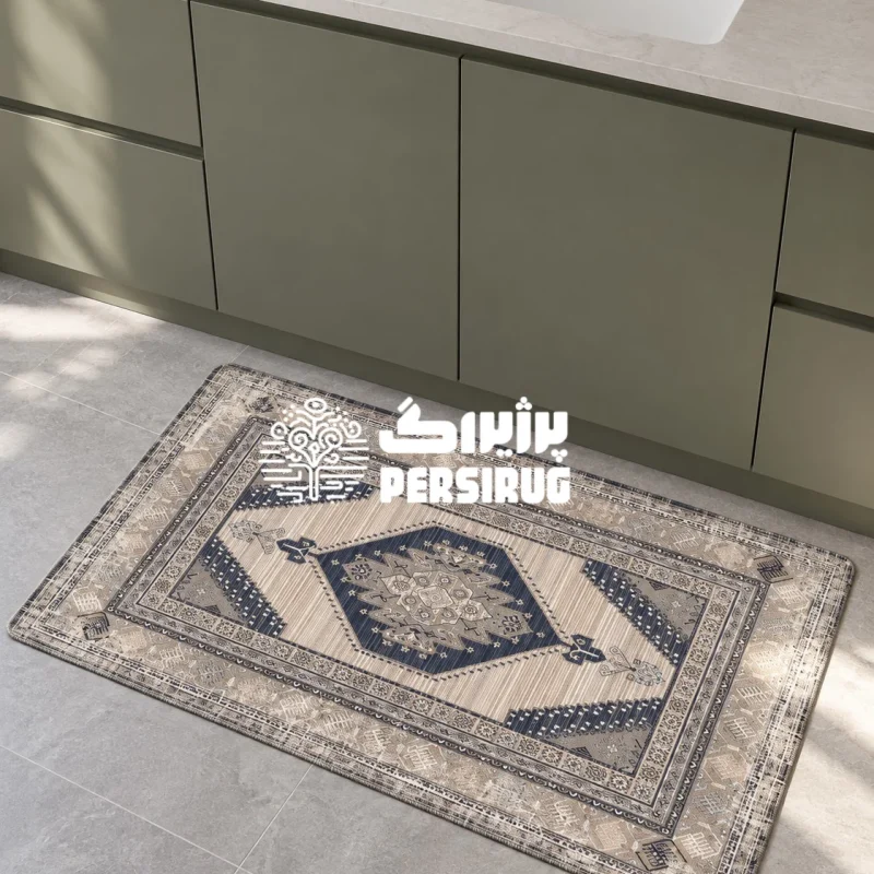 پادری زیره چرم مدل آیلین با ترنج لوزی هندسی در مرکز، طیف رنگی سرمه‌ای و کرم، و حاشیه‌های اصیل طرح عشایری و گبه