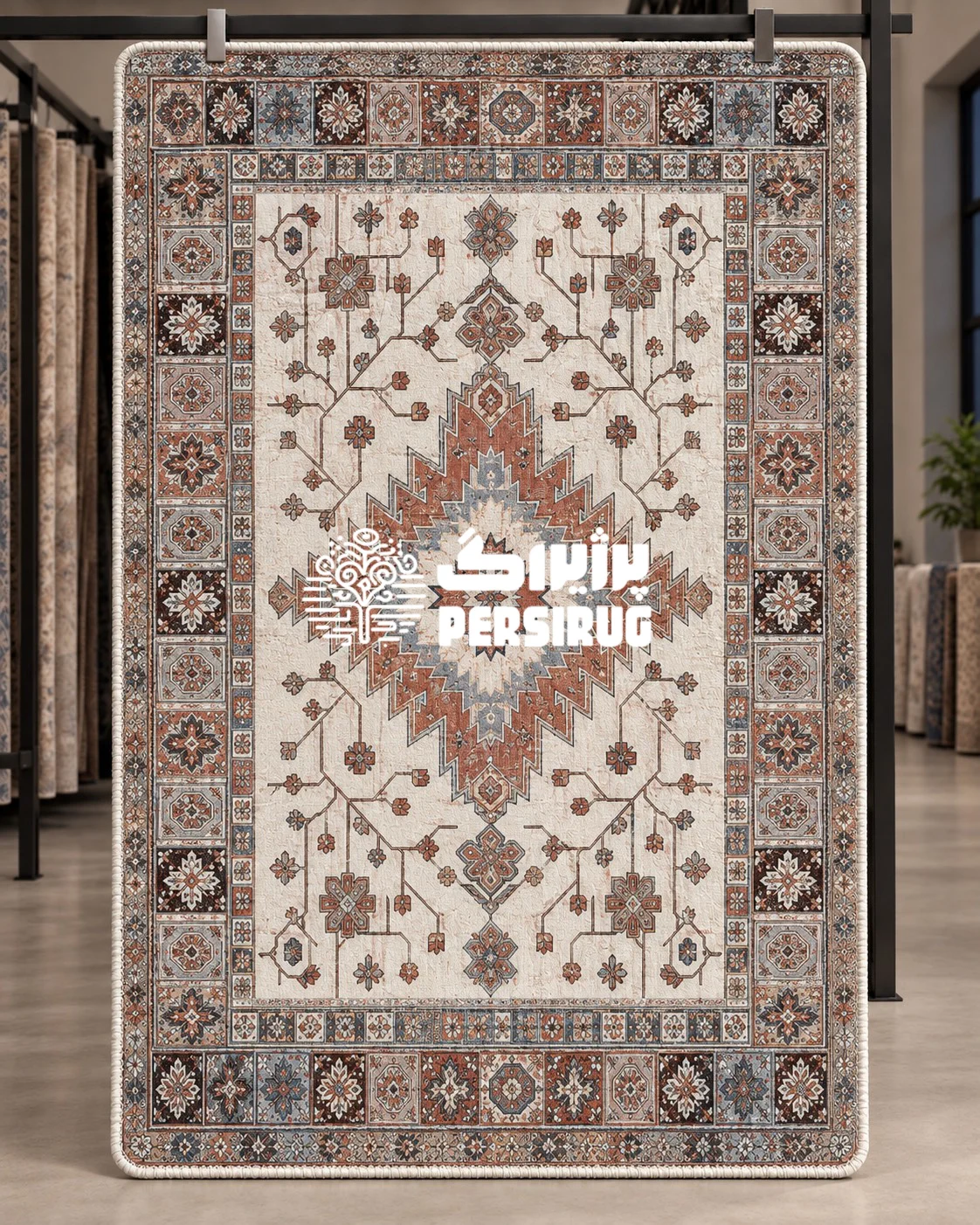 پادری زیره چرم زمینه کرم با ترنج لوزی دندانهدار در طیف آجری و آبی، مزین به گلهای هندسی ریز و حاشیههای تکرارشونده ستارهای.
