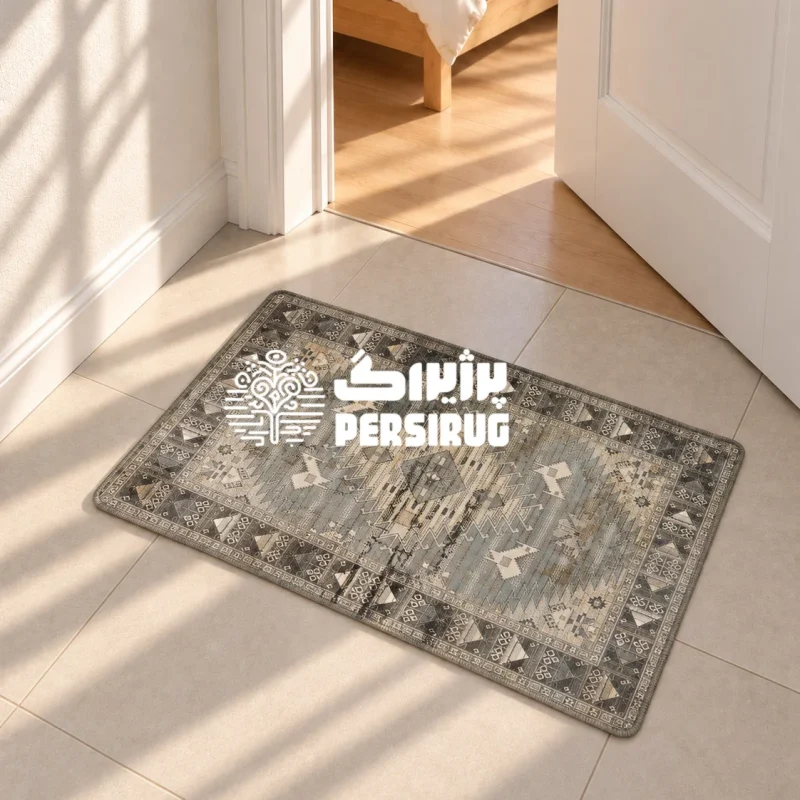 پادری زیره چرم ایلنشان با طرح هندسی عشایری و حاشیه سنتی مناسب دکوراسیون منزل در فرش ریحان