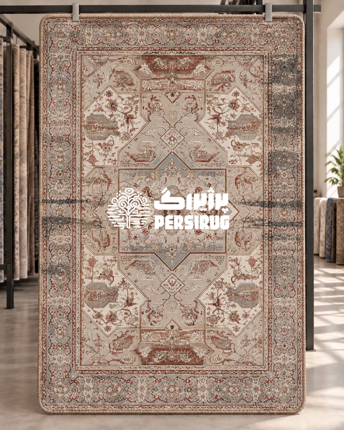 فرشینه زیره چرم طرح ملیحان با ترنج لوزی سنتی و نقوش اسلیمی به رنگ‌های کرم، خاکی، آبی طوسی و جزئیات ظریف
