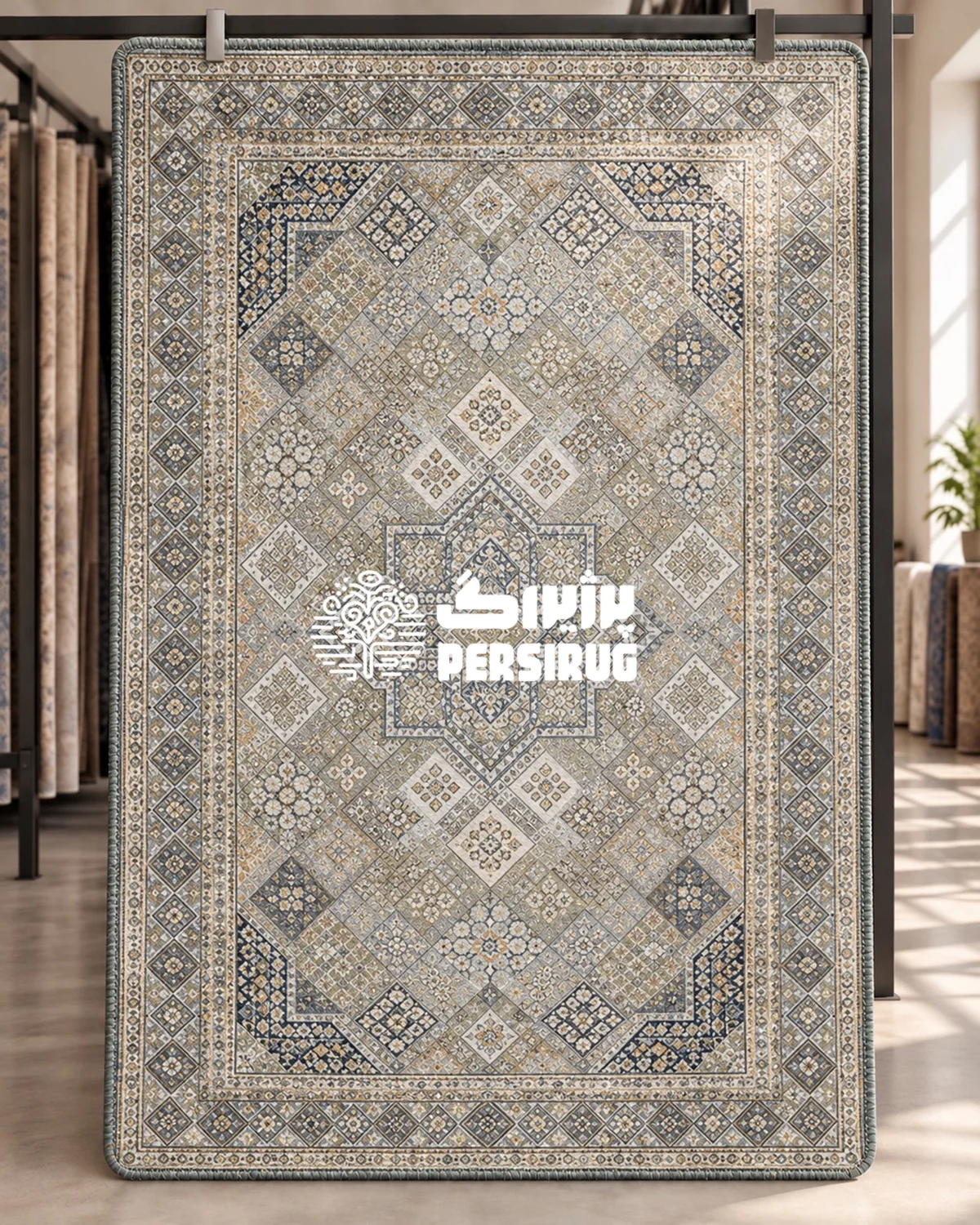 فرشینه زیره چرم طرح دیبا با نقشمایه مرکزی هندسی متقارن و پالت رنگی شیک آبی نیلی، طوسی و رگههای طلایی.