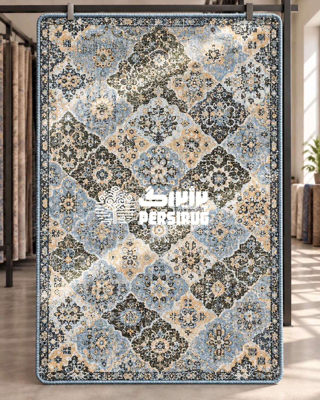 پادری زیره چرمی طرح گلستان با نقوش متراکم هندسی و گلوبوتههای سنتی در ترکیب رنگی خیرهکننده سرمهای، سبز یشمی و خردلی