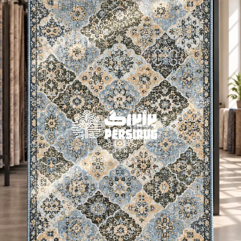 فرشینه زیره چرمی طرح گلستان با نقوش متراکم هندسی و گلوبوتههای سنتی در ترکیب رنگی خیرهکننده سرمهای، سبز یشمی و خردلی