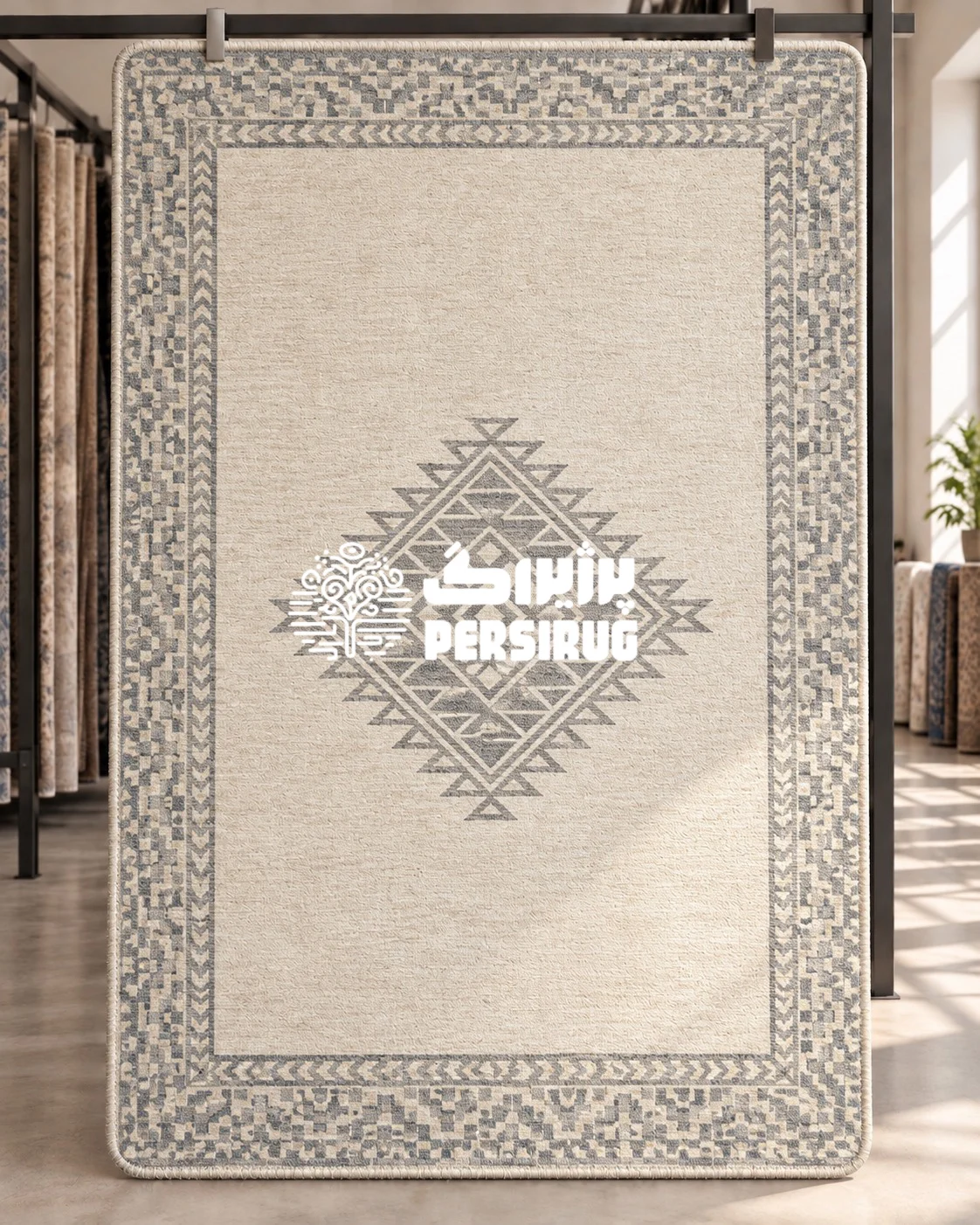 پادری زیره چرم مدل اطلس با زمینه کرم، حاشیه طرحدار هندسی و نقش لوزی متقارن خاکستری در مرکز.