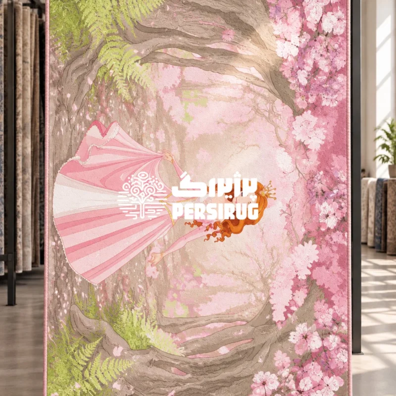 فرشینه زیره چرم کودک طرح پرنسس رویاها با نقش دختر تاج‌دار در لباس صورتی در حال قدم زدن میان درختان جنگل و شکوفه‌های صورتی بهاری
