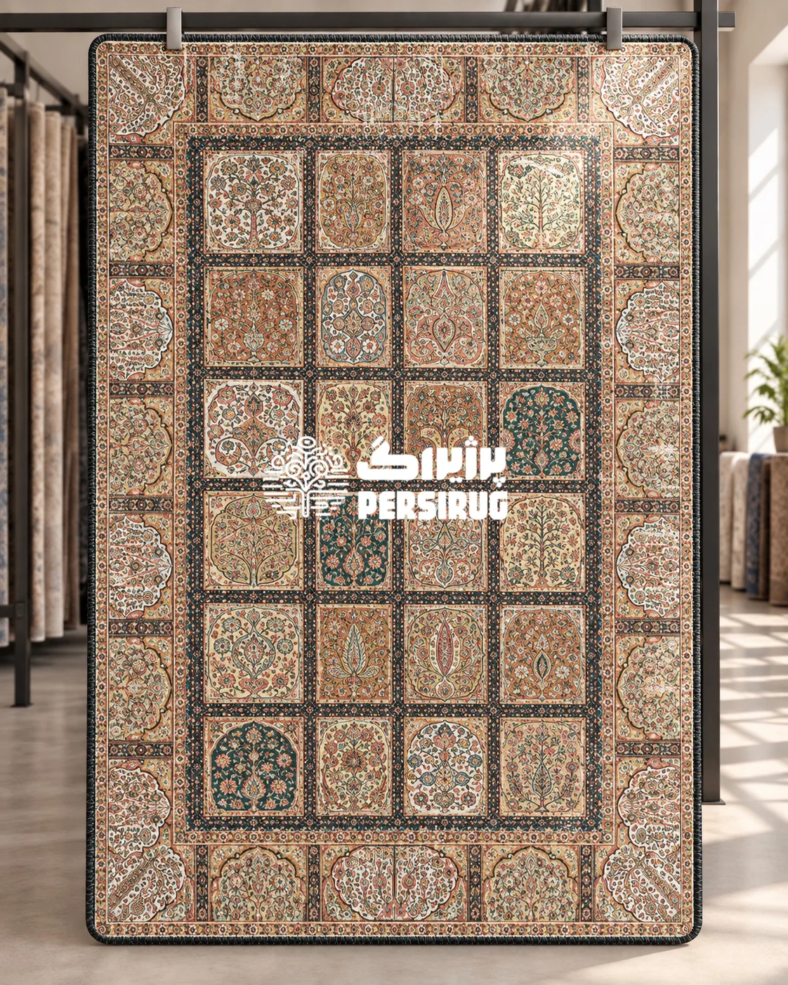 فرشینه زیره چرم با طرح چهارفصل و نقوش گل و بوته اسلیمی در رنگهای گرم کرم و قهوهای.