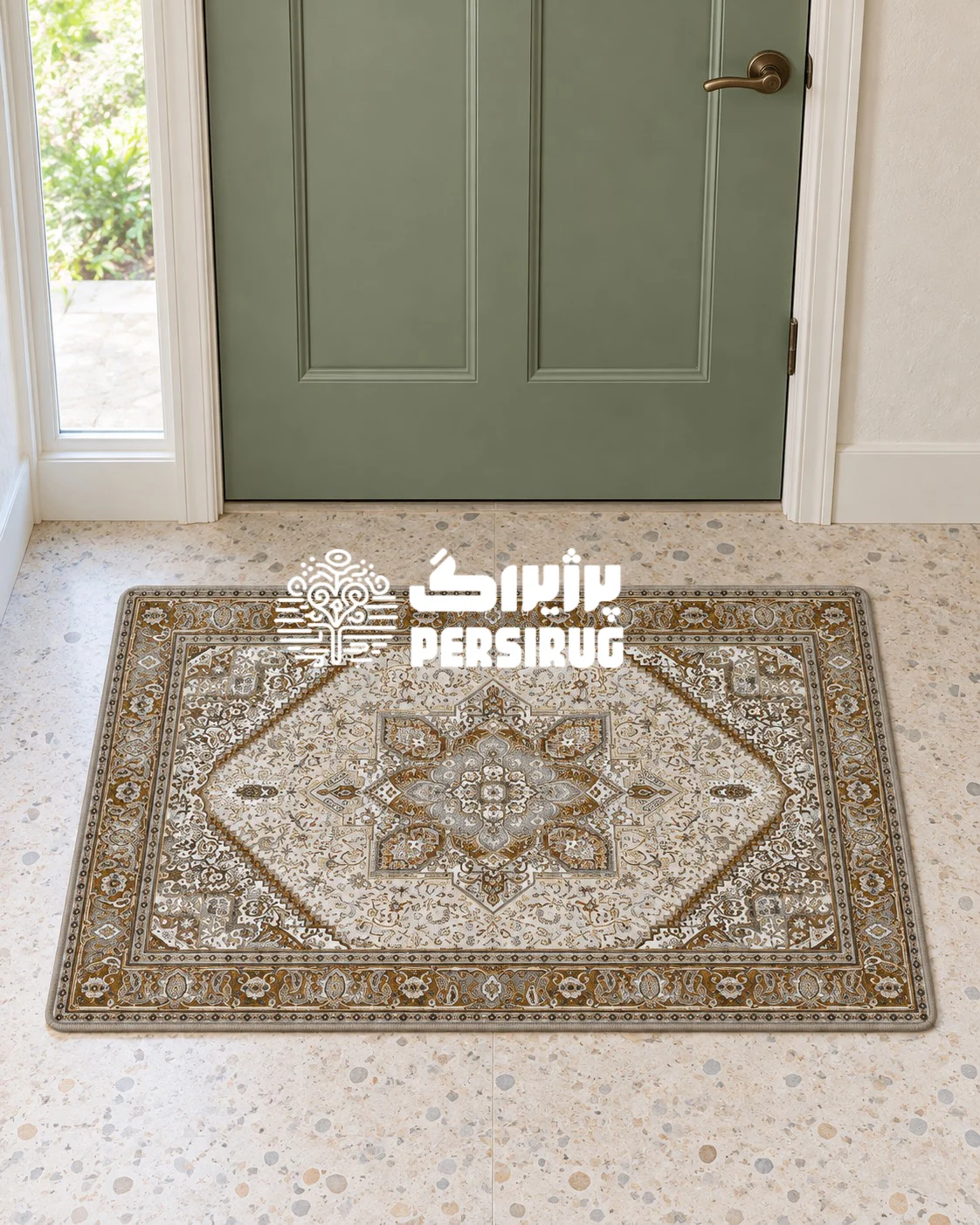 پادری زیره چرم با طرح ترنج زرین و نقوش کلاسیک اسلیمی در رنگهای کرم، قهوهای و خاکی.