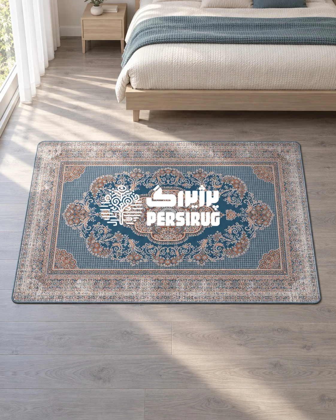 فرشینه زیره چرم طرح گلابتون با ترنج مرکزی و نقوش اسلیمی آبی و بژ