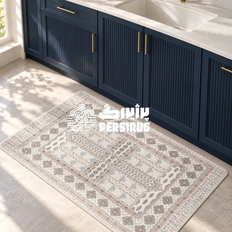 پادری زیره چرم سنتی و هندسی طرح چهارباغ با زمینه کرم و قابهای متقارن