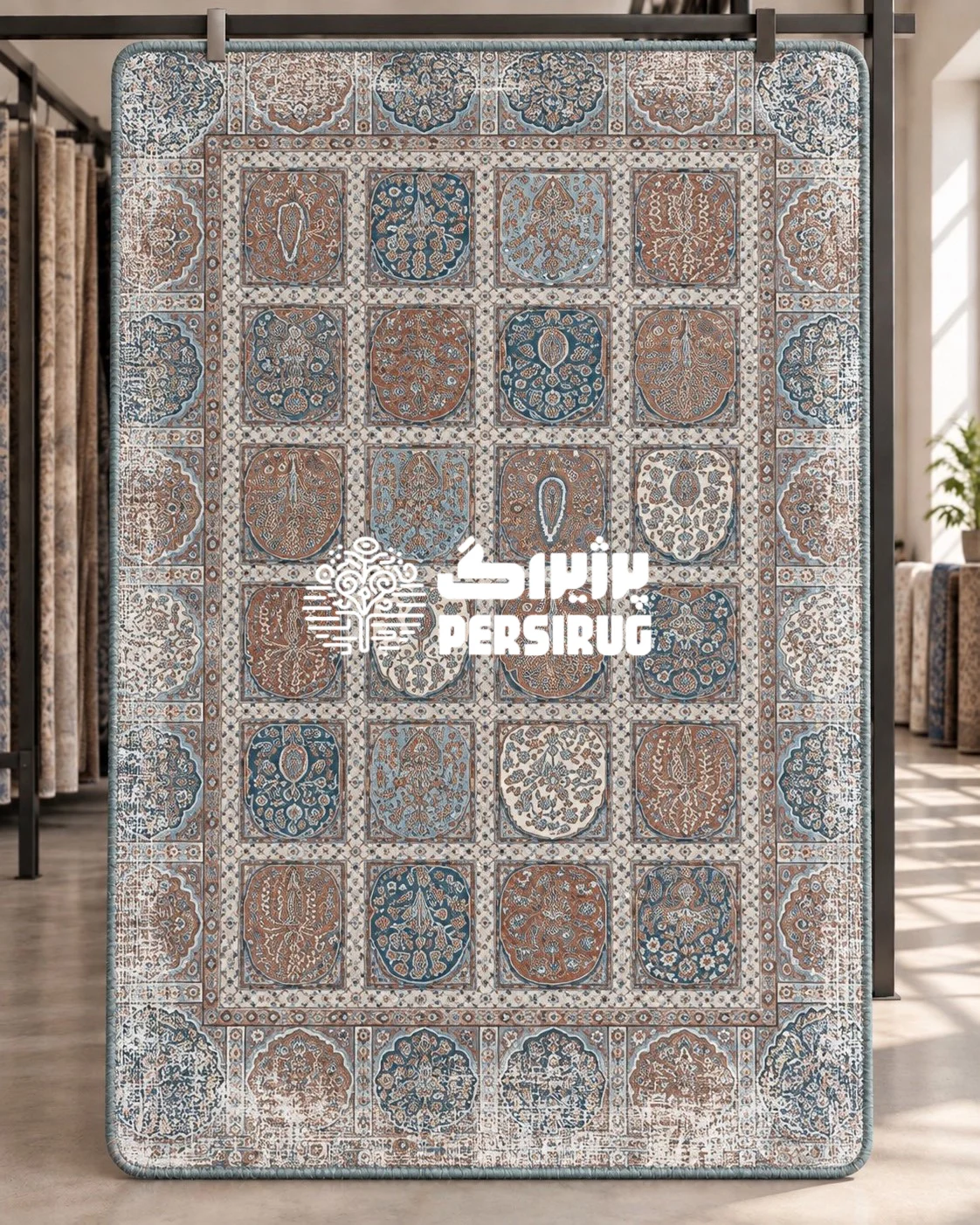 پادری زیره چرم طرح کاشینما با قاببندی خشتی و نقوش سنتی آبی و قهوهای