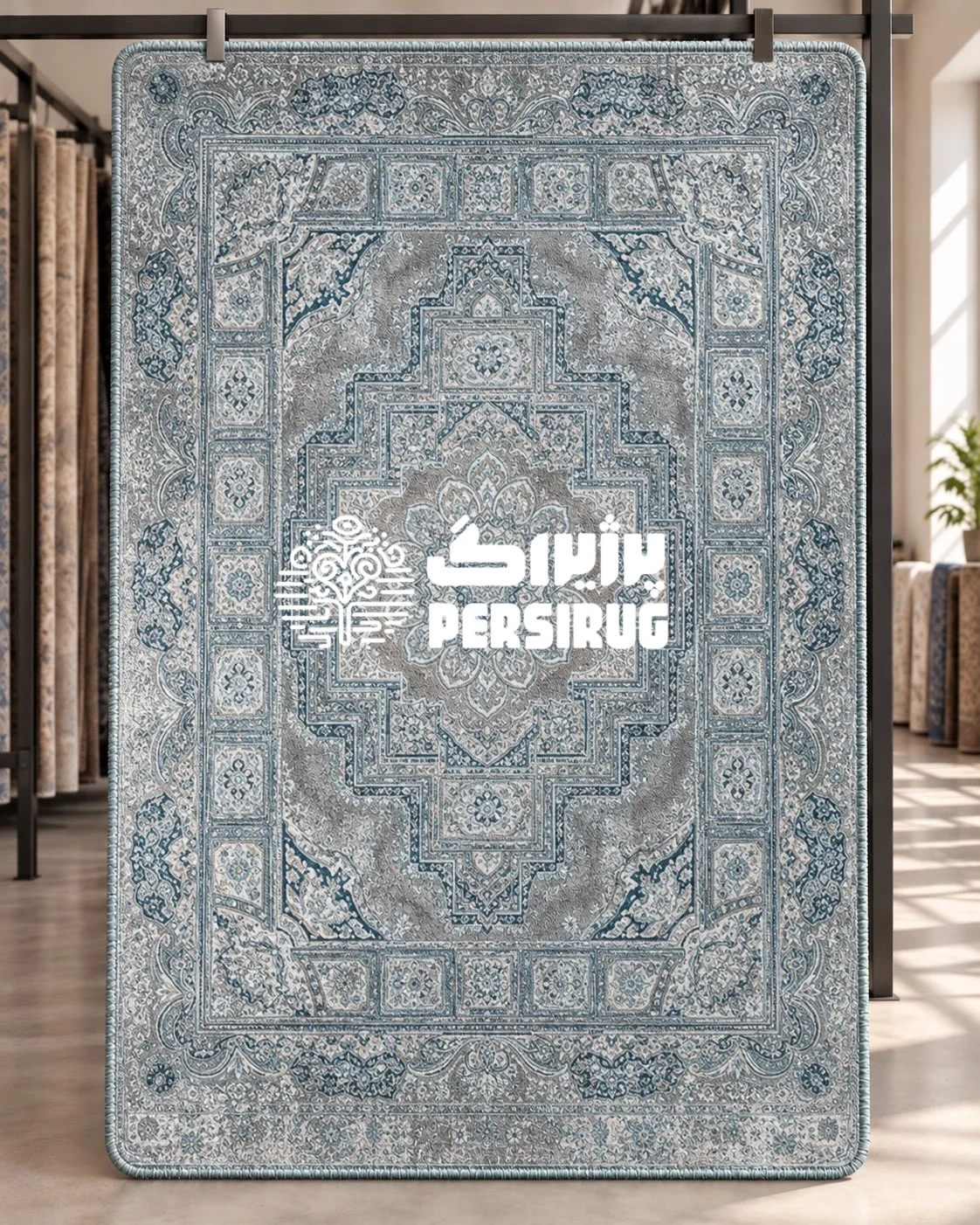 فرشینه زیره چرم مدل آناهید با ترنج هندسی و گلبوتههای ظریف، زمینه پتینهشده آبی و نقرهای، و حاشیههای کلاسیک منقوش