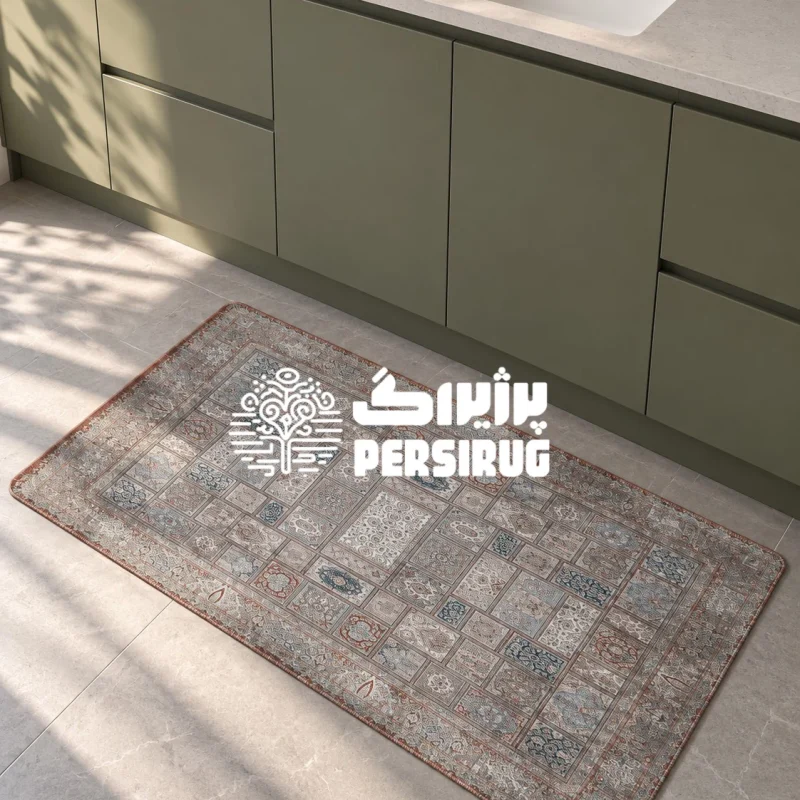 پادری زیره چرم مدل آجرماه با چیدمان خشتی و قابهای منظم، ترکیب رنگی آبی ملایم و آجری، و طرحهای پتینهشده سنتی
