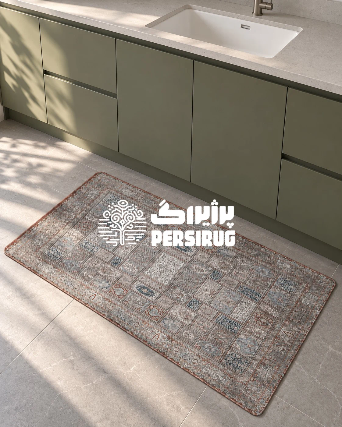 پادری زیره چرم مدل آجرماه با چیدمان خشتی و قابهای منظم، ترکیب رنگی آبی ملایم و آجری، و طرحهای پتینهشده سنتی