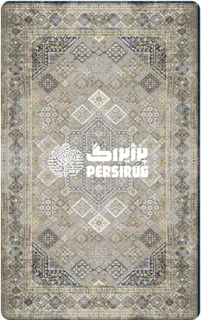 فرشینه طرح دیبا با نقشمایه مرکزی هندسی متقارن و پالت رنگی شیک آبی نیلی، طوسی و رگههای طلایی.