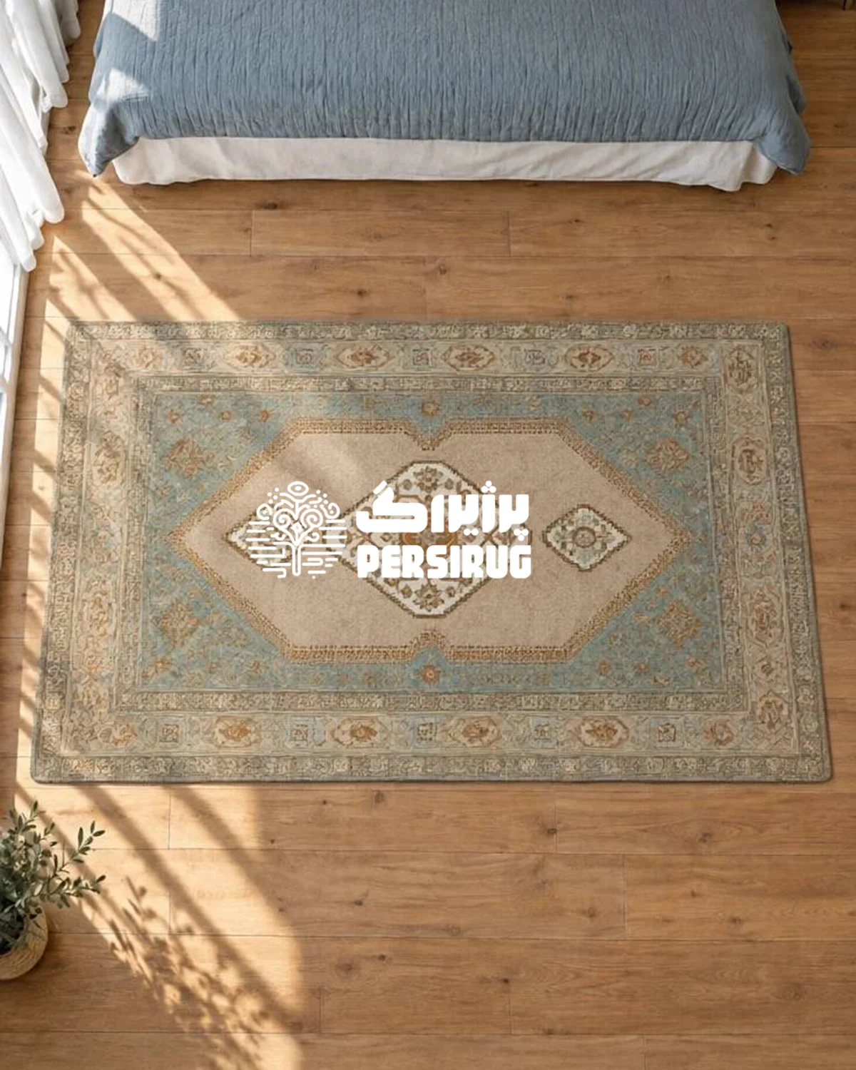 فرشینه زیره چرم نگین شب با لچک ترنج هندسی، کتیبه های سنتی حاشیه و پالت رنگی کرم، فیروزه ای مات و مسی
