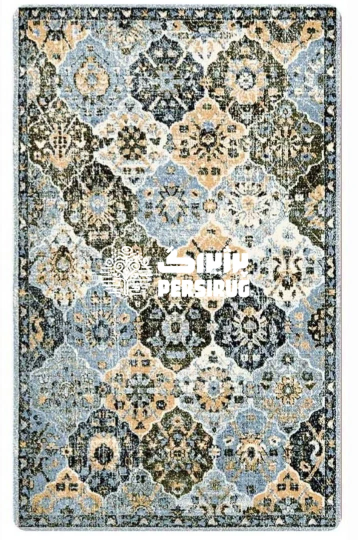 فرشینه طرح گلستان با نقوش متراکم هندسی و گلوبوتههای سنتی در ترکیب رنگی خیرهکننده سرمهای، سبز یشمی و خردلی