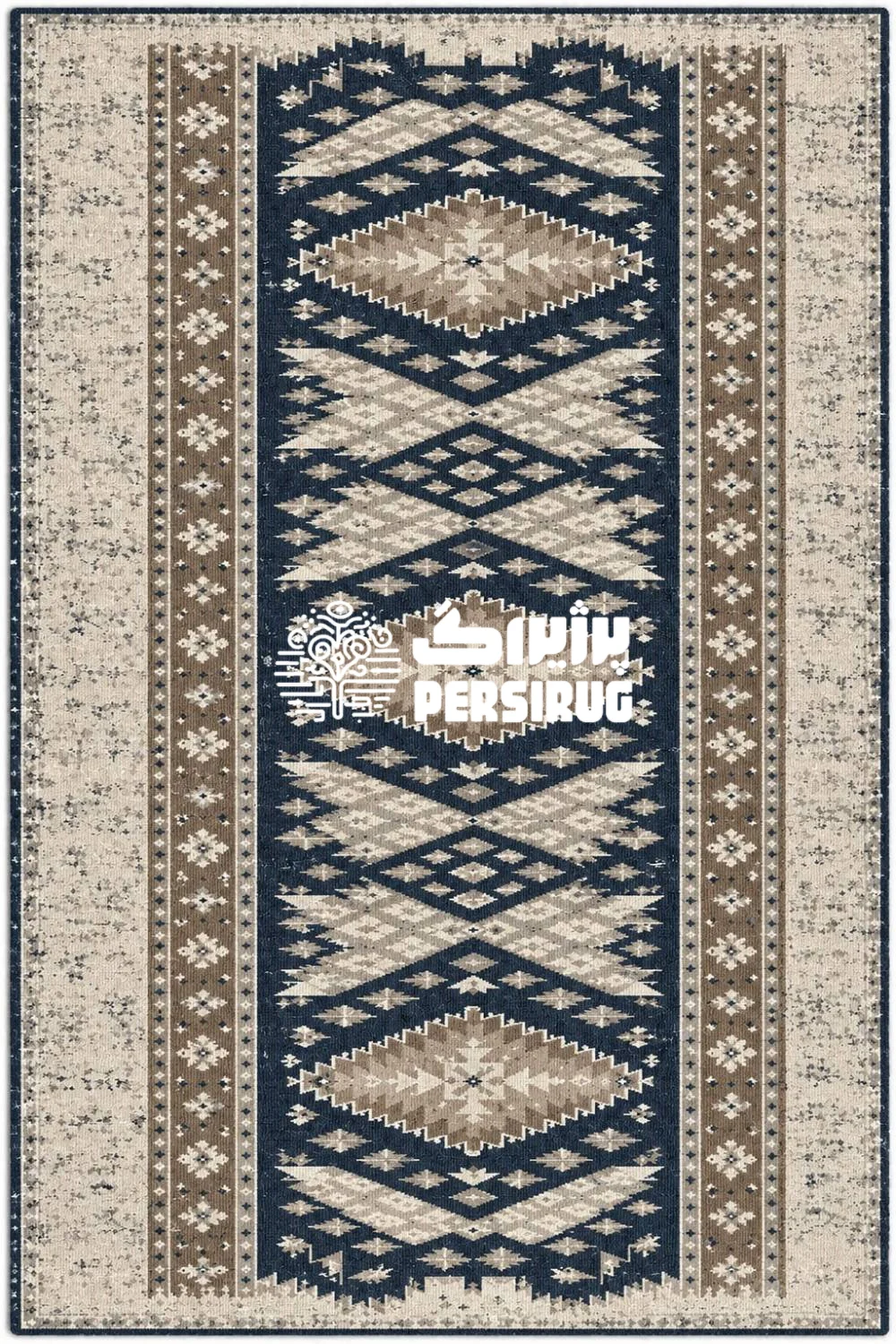 فرشینه لاجرودترکیبی چشمنواز از اصالت نقوش گلیمی و مدرنیته، مناسب برای گرما بخشیدن به دکوراسیون اتاق خواب و نشیمن.