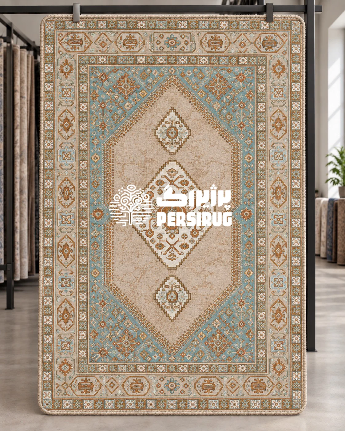 پادری زیره چرم نگین شب با لچک ترنج هندسی، کتیبه های سنتی حاشیه و پالت رنگی کرم، فیروزه ای مات و مسی