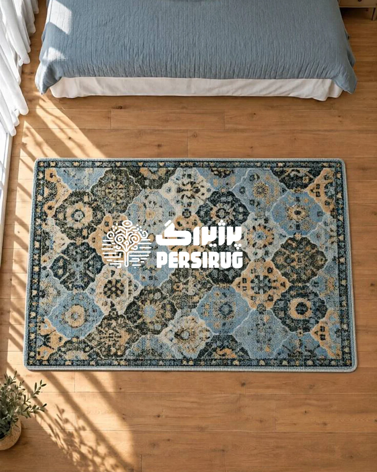 فرشینه زیره چرم طرح گلستان با نقوش متراکم هندسی و گلوبوتههای سنتی در ترکیب رنگی خیرهکننده سرمهای، سبز یشمی و خردلی