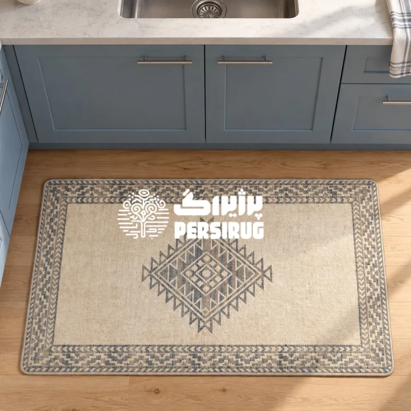 پادری زیره چرم مدل اطلس با زمینه کرم، حاشیه طرحدار هندسی و نقش لوزی متقارن خاکستری در مرکز.