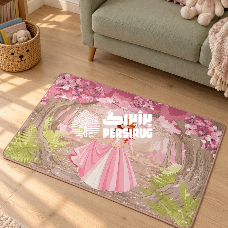 پادری زیره چرم کودک طرح پرنسس رویاها با نقش دختر تاج‌دار در لباس صورتی در حال قدم زدن میان درختان جنگل و شکوفه‌های صورتی بهاری