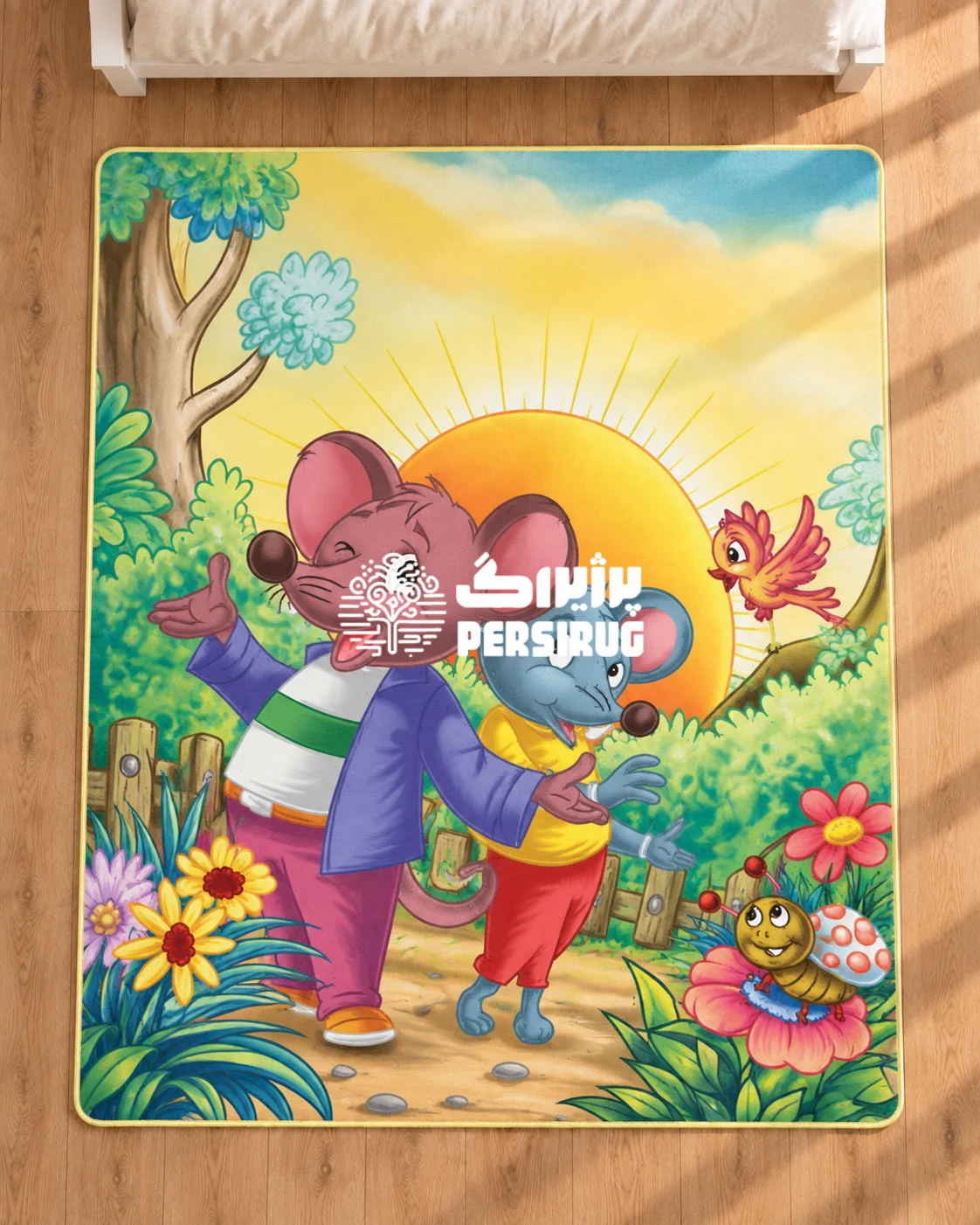 فرشینه زیره چرم کودک طرح دو موش کارتونی ماجراجو در طبیعت، همراه با خورشید درخشان، گلهای رنگی و پرنده