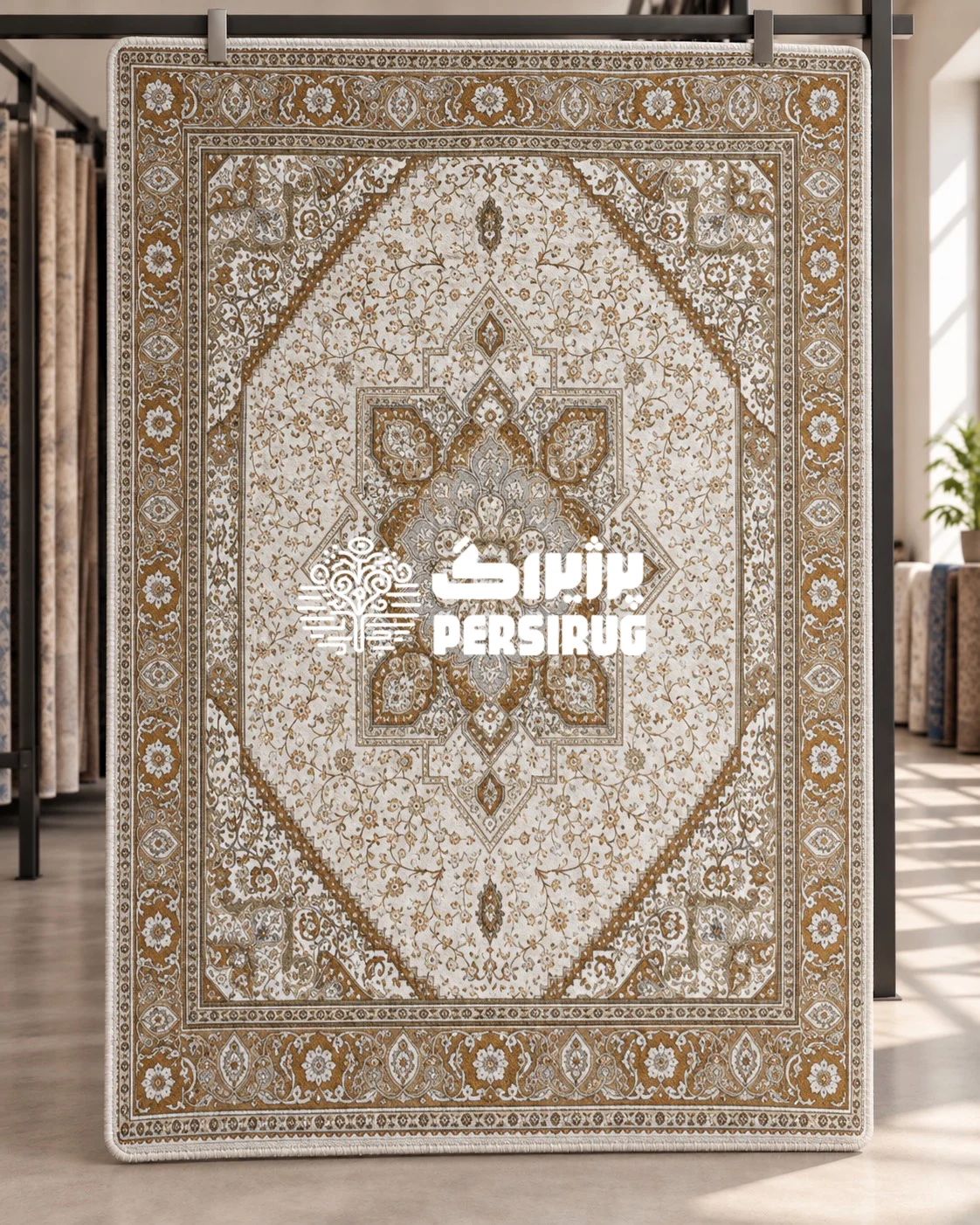 فرشینه زیره چرم با طرح ترنج زرین و نقوش کلاسیک اسلیمی در رنگهای کرم، قهوهای و خاکی.