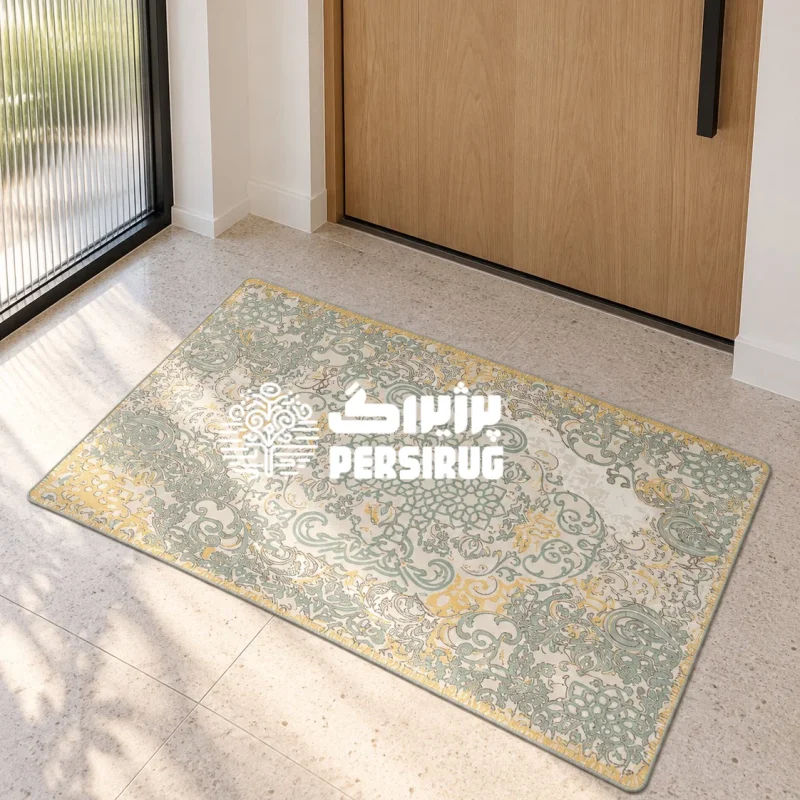 پادری زیره چرم آتوسا با طرح کلاسیک دارای ترنج مرکزی و گلوبوتههای اسلیمی در رنگهای سبز ملایم و کرم.