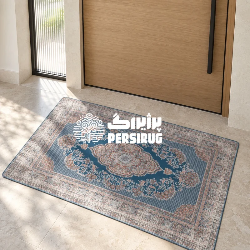 پادری زیره چرم سنتی طرح گلابتون با ترنج مرکزی و نقوش اسلیمی آبی و بژ