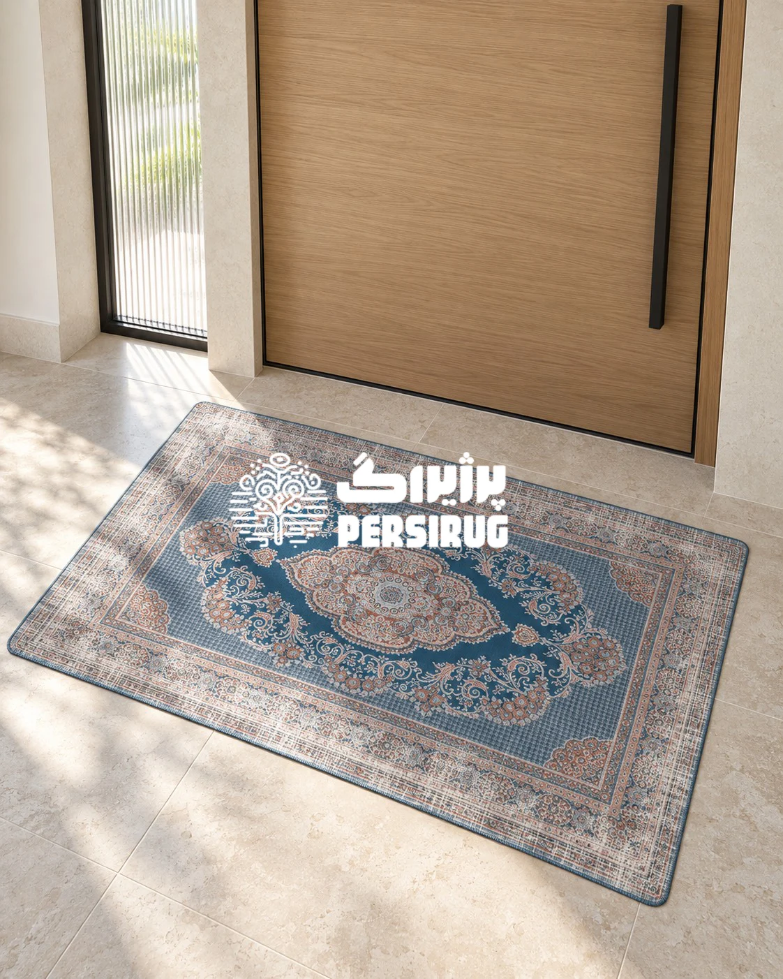 پادری زیره چرم سنتی طرح گلابتون با ترنج مرکزی و نقوش اسلیمی آبی و بژ