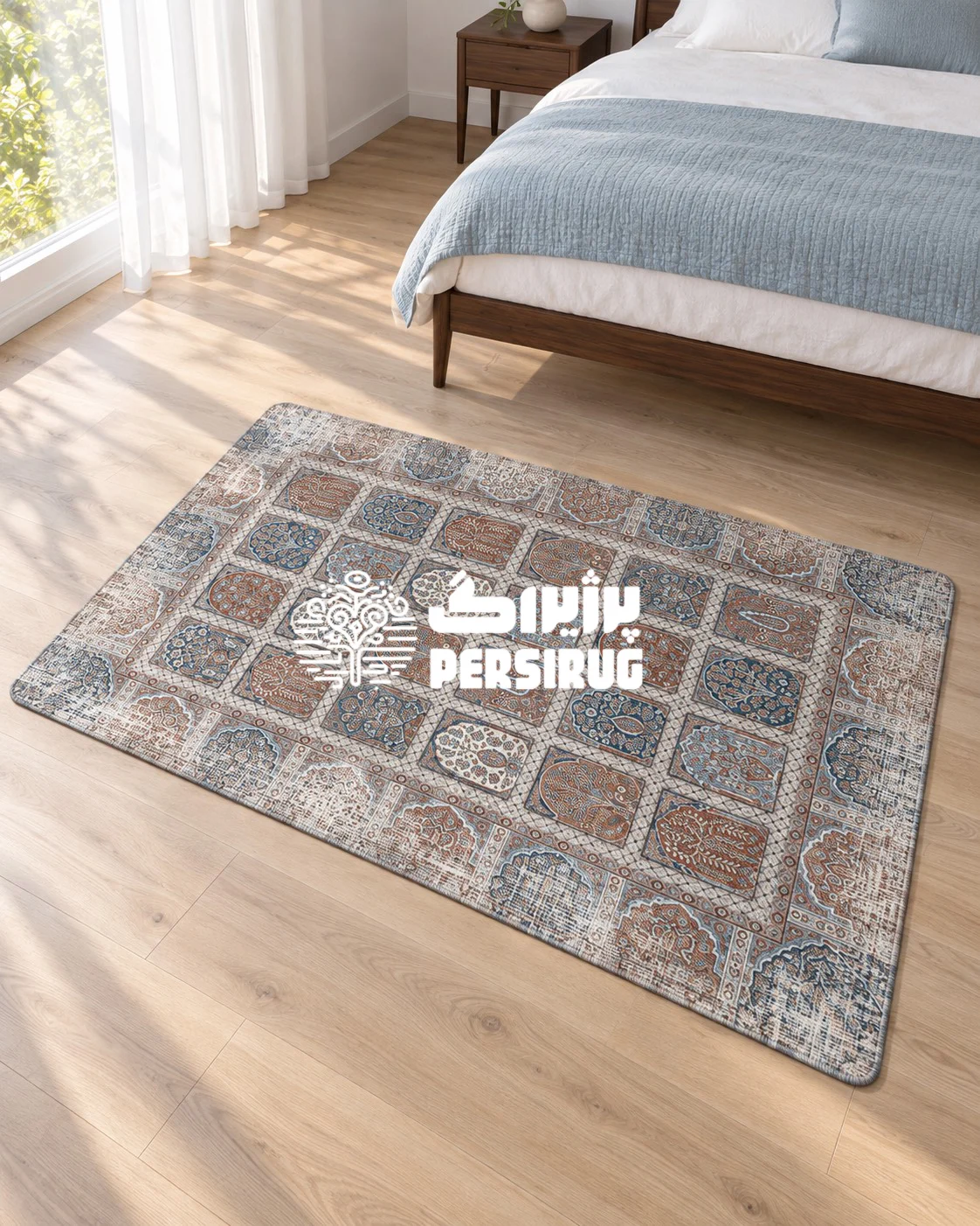 فرشینه زیره چرم طرح کاشینما با قاببندی خشتی و نقوش سنتی آبی و قهوهای