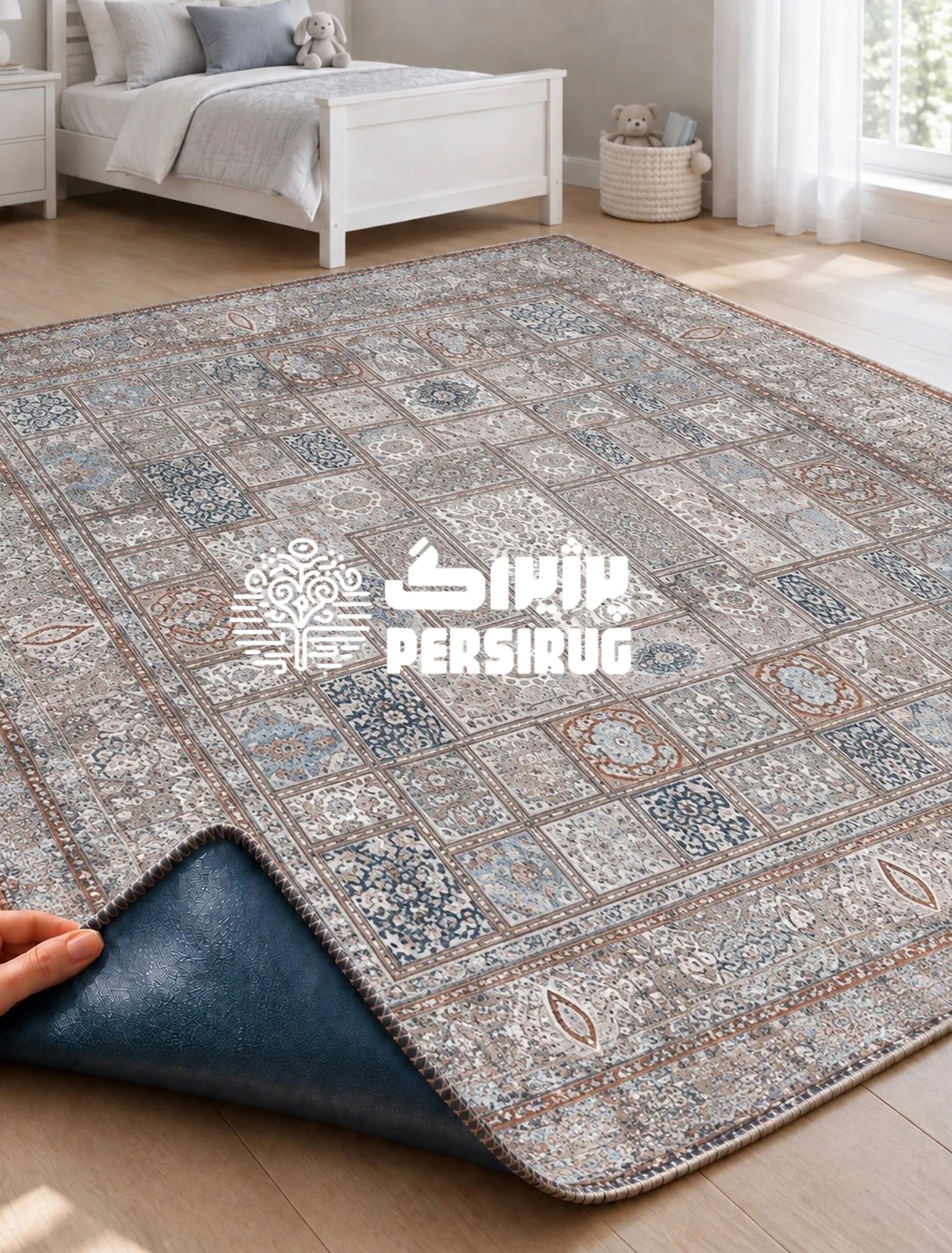 فرشینه زیره چرم مدل آجرماه با چیدمان خشتی و قابهای منظم، ترکیب رنگی آبی ملایم و آجری، و طرحهای پتینهشده سنتی
