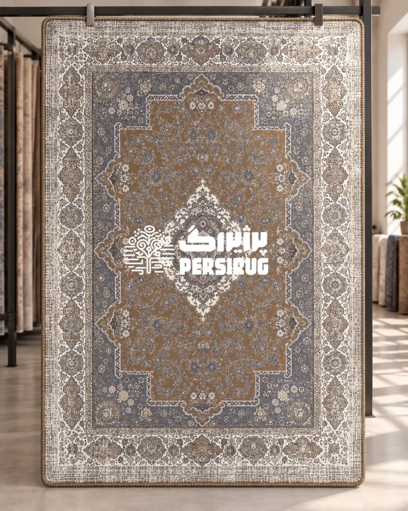 فرشینه زیره چرم ترنج باستان با ترنج مرکزی گلدار به رنگ قهوهای، نقوش سرمهای و کرم، حاشیههای سنتی ظریف و لبههای دوردوزیشده