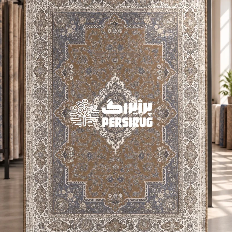 فرشینه زیره چرم ترنج باستان با ترنج مرکزی گلدار به رنگ قهوهای، نقوش سرمهای و کرم، حاشیههای سنتی ظریف و لبههای دوردوزیشده