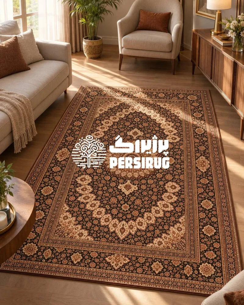 فرش ترنج شاهانه با نقش ترنج بزرگ گلدار در مرکز، گلهای ریز و درشت کرم و مسی روی زمینه قهوهای تیره و حاشیههای سنتی چندلایه.