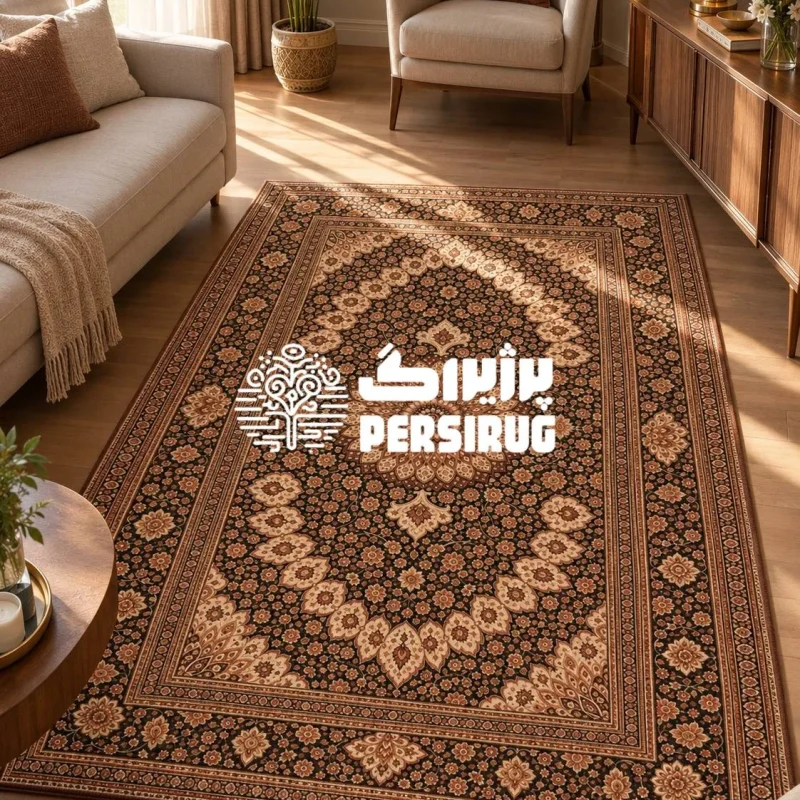 فرش ترنج شاهانه با نقش ترنج بزرگ گلدار در مرکز، گلهای ریز و درشت کرم و مسی روی زمینه قهوهای تیره و حاشیههای سنتی چندلایه.