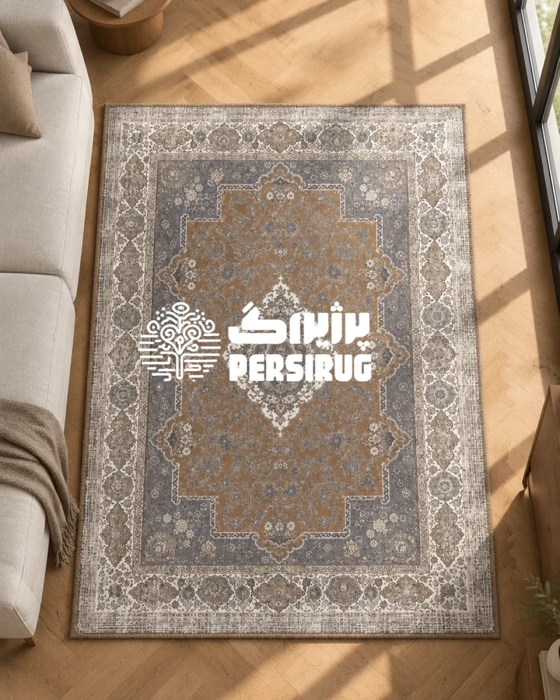 فرشینه ترنج باستان با ترنج مرکزی گلدار به رنگ قهوهای، نقوش سرمهای و کرم، حاشیههای سنتی ظریف و لبههای دوردوزیشده