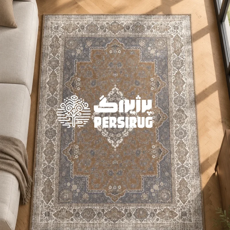 فرشینه ترنج باستان با ترنج مرکزی گلدار به رنگ قهوهای، نقوش سرمهای و کرم، حاشیههای سنتی ظریف و لبههای دوردوزیشده