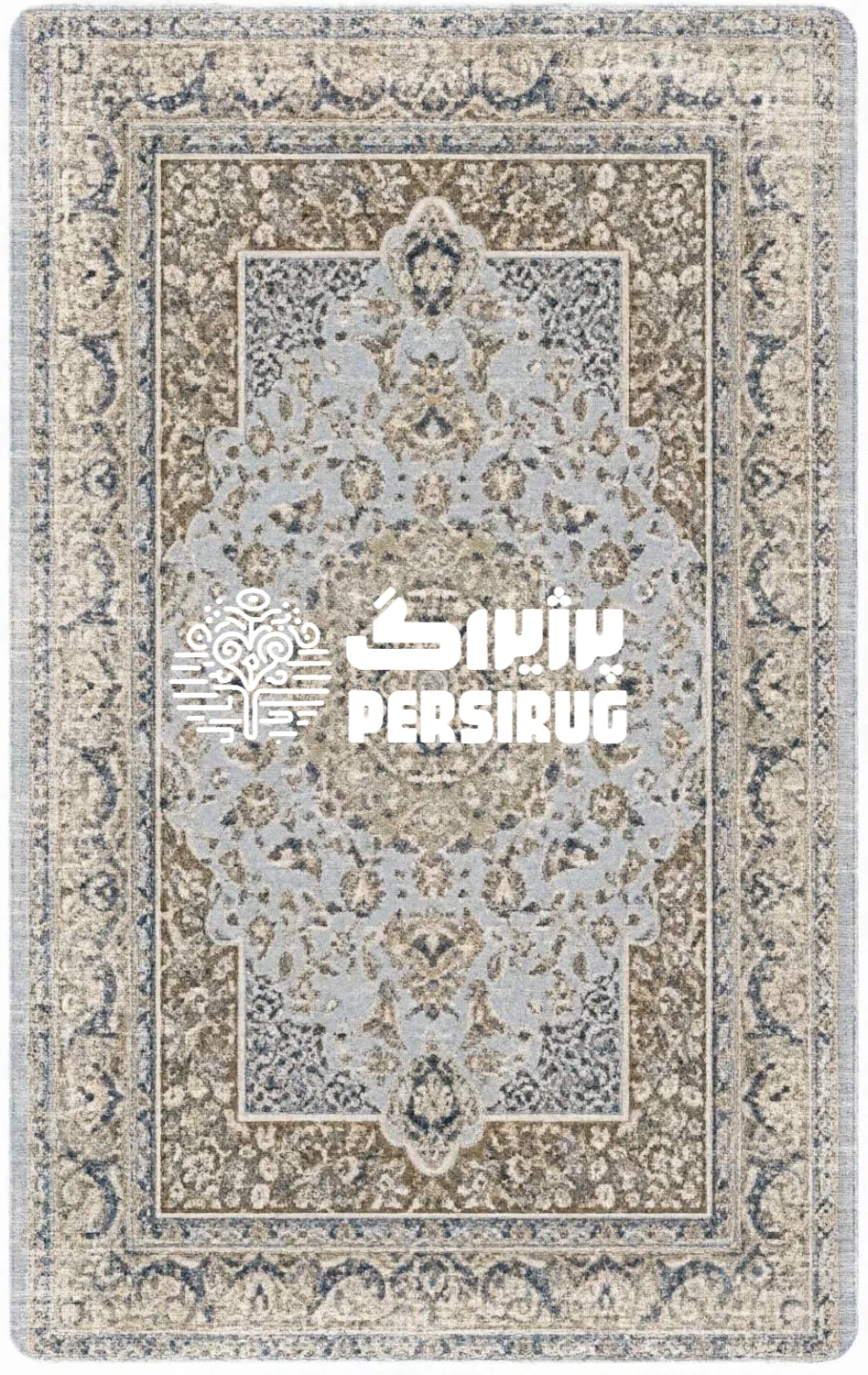 فرشینه افشان آبی با زمینه روشن و پاستیلی، ترنج و گلبوتههای ظریف کرم و سرمهای، و حاشیههای طرح سنتی پتینهشده