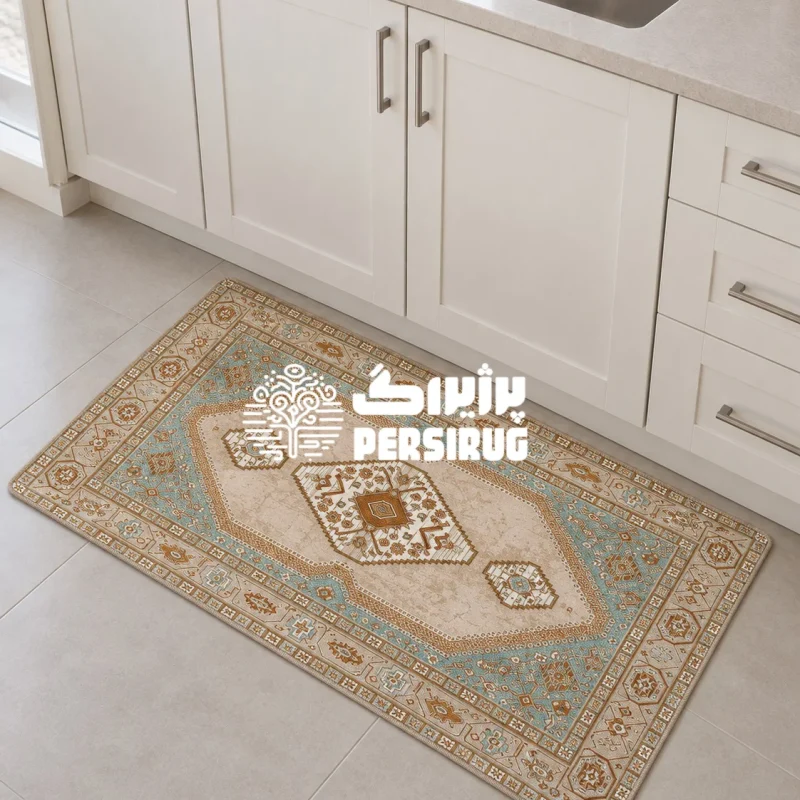 پادری زیره چرم نگین شب با لچک ترنج هندسی، کتیبه های سنتی حاشیه و پالت رنگی کرم، فیروزه ای مات و مسی